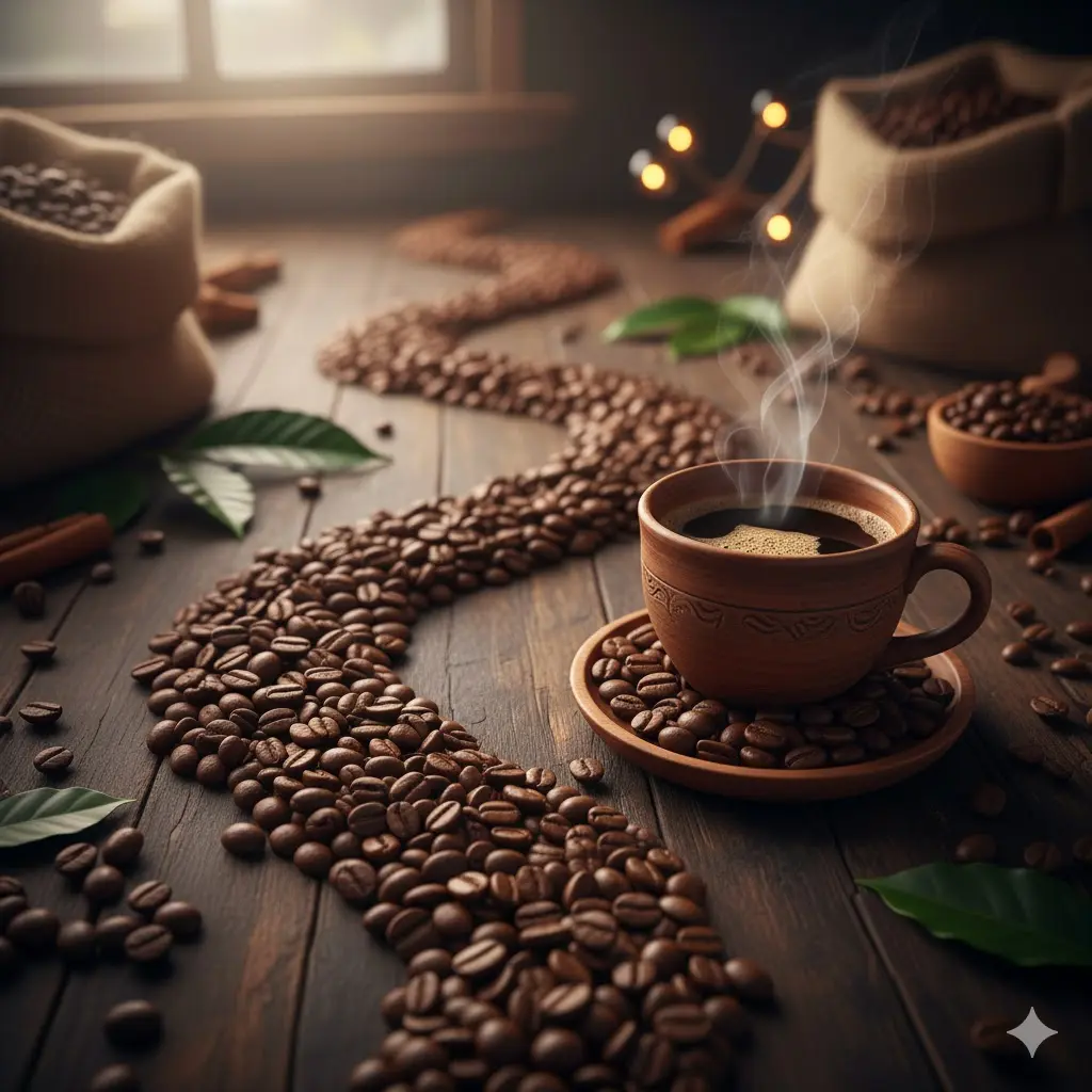 Granos de café tostado y una taza de café